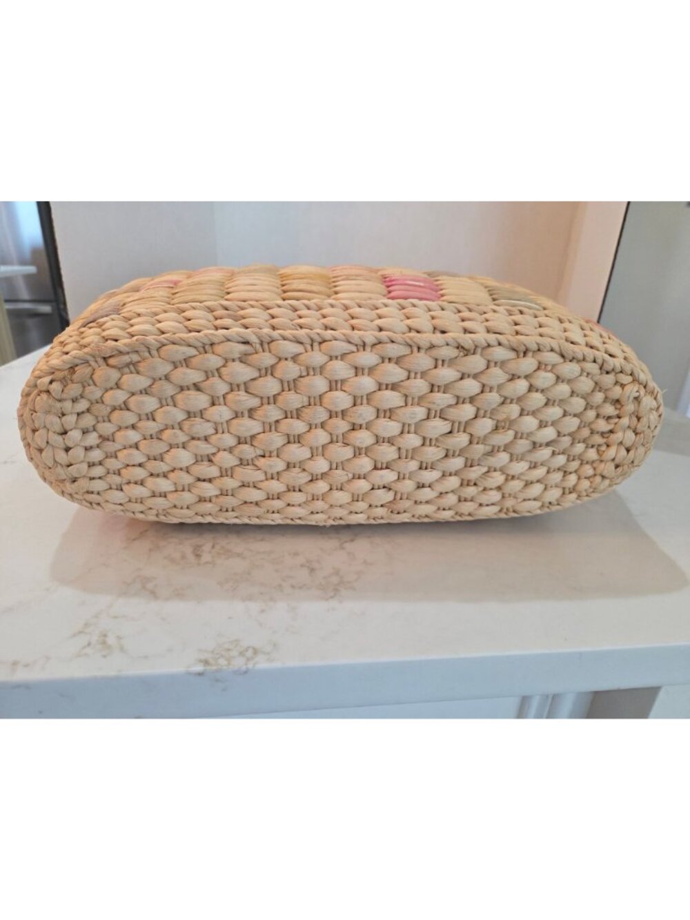 VTG Rare Woven Straw Basket Bag Hand Crafted Wooden Handles Boho Pastel Mix - Picture 11 of 11